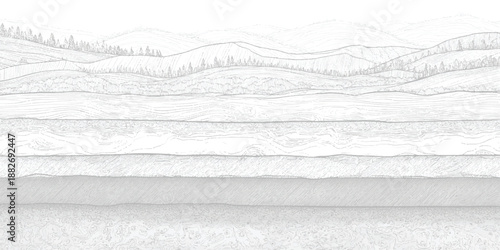 Monochrome geological strata cross section with detailed line showcasing layered sediment rock formations and rolling hills with trees