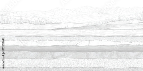 Detailed monochrome geological strata cross section with layered sediment rock formations and subtle landscape in a panoramic view