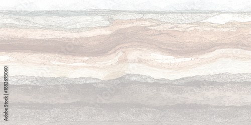 Abstract geological strata cross section with subtle earth tones and detailed line depicting layers of sediment and rock formations in a panoramic view