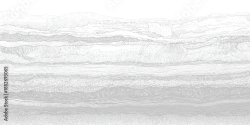 Detailed monochrome geological strata cross-section showcasing intricate layers of sediment and rock formations with varied textures and subtle mountainous background