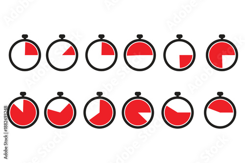 This image displays twelve icons of stopwatches or timers, arranged in two rows. Each circular icon features a varying amount of red fill, illustrating different stages of time progression. 