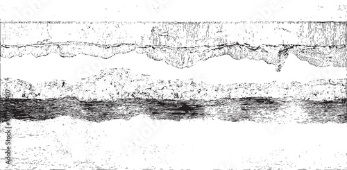 Abstract cross section of layered geological strata with rough textured rock formations and dark water below in monochrome