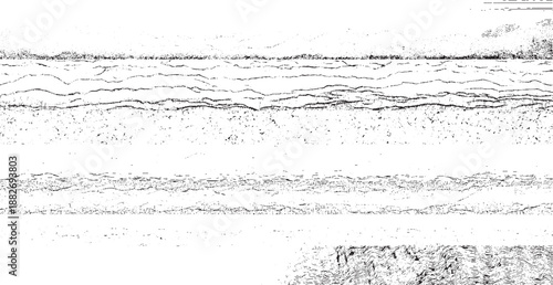 Abstract textured background with horizontal lines and grainy patterns in monochrome black and white tones creating a distressed artistic effect