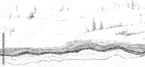 Stylized landscape with rolling hills trees and a detailed cross section of layered geological strata in monochrome