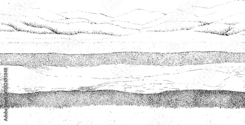 Abstract geological cross section showing distinct horizontal layers of sediment rock and vegetation in monochrome