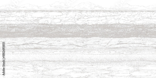 Abstract representation of geological strata in cross-section with layered rock formations and a cloudy sky above in a monochromatic etching style