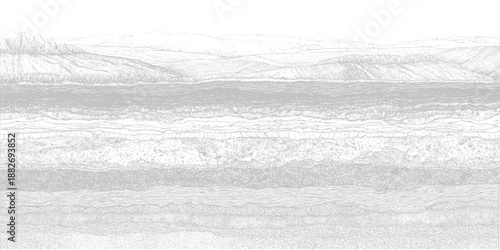 Panoramic view of geological strata in cross-section featuring diverse rock layers and rolling hills in the background rendered with fine line etching detail