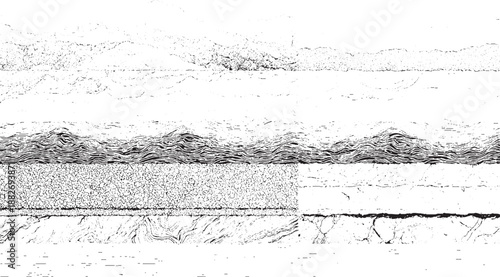 Diverse abstract monochrome with multiple textured layers including granular patterns, wavy lines, and fractured geological formations