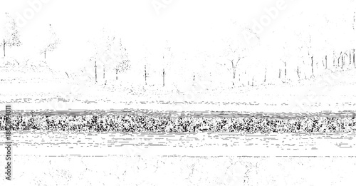 Stylized landscape with trees and a textured band across the middle, rendered in a monochrome style with fine lines and stippling
