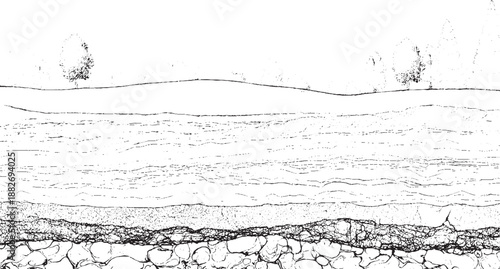 Stylized black and white of a riverbank with trees and a flowing river revealing layered geological strata and rounded river stones below