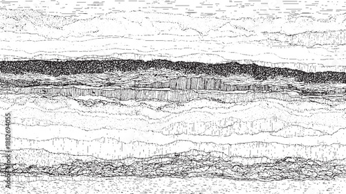 Intricate abstract black and white line depicting layered geological strata with varying textures and densities creating a complex visual pattern