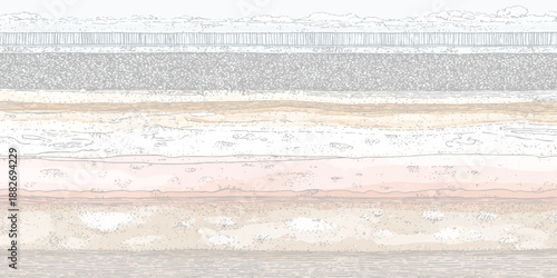 Detailed cross section of geological strata showing distinct layers of soil and rock formations with subtle color variations and textured patterns representing earth science and natural history