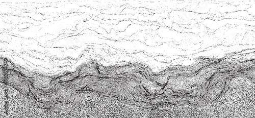 Dynamic abstract black and white featuring swirling textured lines and dense speckling creating a dramatic organic landscape or geological cross-section
