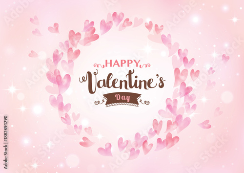 バレンタインデー キラキラ背景の手描き水彩ハートのフレーム　文字デザインあり