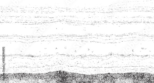 Minimalist black and white abstract featuring distinct horizontal bands of texture and subtle wavy lines with scattered small circular