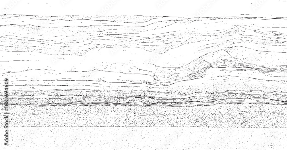 Obraz premium Intricate geological cross-section showcasing complex folded and layered rock formations with detailed textural patterns in a monochrome style