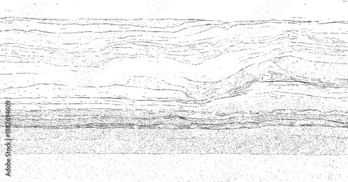 Intricate geological cross-section showcasing complex folded and layered rock formations with detailed textural patterns in a monochrome style