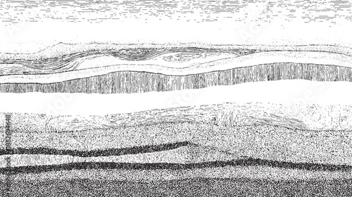 Detailed geological cross-section illustrating complex rock strata with folded layers and varied textural patterns in a monochrome line style