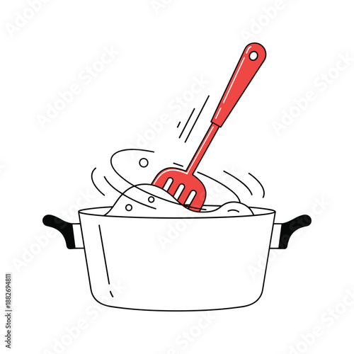 Red spatula stirring boiling water in pot