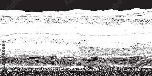 Layered abstract monochrome landscape with undulating textured bands and a dark horizon, evoking a sense of geological strata or distorted natural scenery