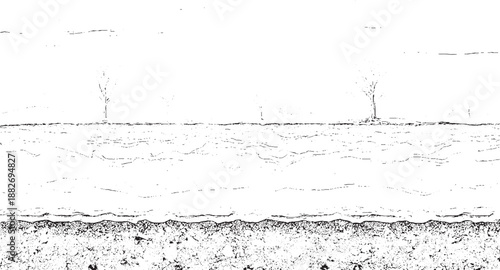 Horizontal cross-section of earth layers with stylized trees and granular soil texture at the bottom creating a natural landscape abstract