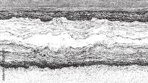 Striking black and white abstract showcasing dense horizontal layering with dramatic contrast and wavy contours representing geological strata or abstract forms