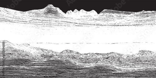 Detailed monochrome abstract depicting layered mountain-like formations with intricate line work and granular textures creating a dramatic landscape