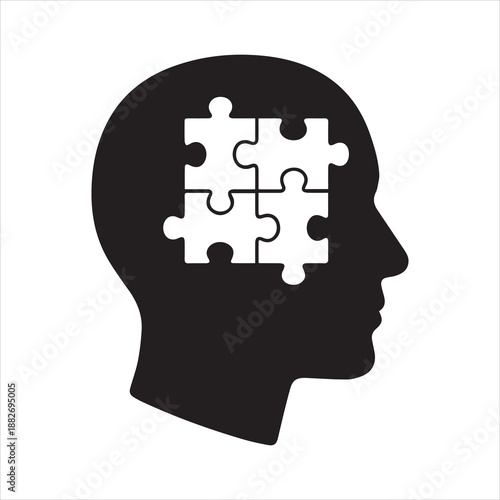 Psychology concept for mental health. Head silhouette with jigsaw puzzle. Symbol of thinking, logic, problem solving, memory, intelligence, solution, therapy and creativity.