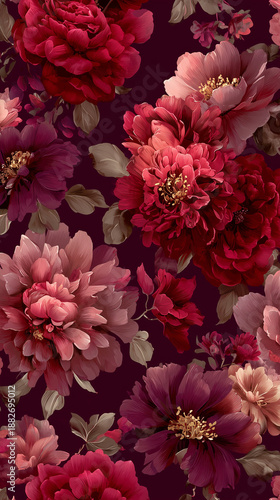 Burgundy Floral Seamless Pattern Romantic Botanical