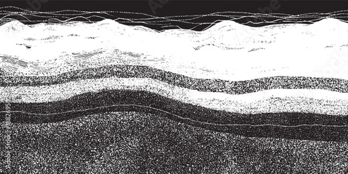 Striking monochrome abstract with layered wavy bands of varying textures and granular detail creating a sense of geological strata or abstract landscape