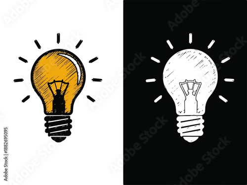 A graphic illustration of two contrasting lightbulb designs, one in warm yellow with lines on a white background and the other in simple black and white on a dark background.