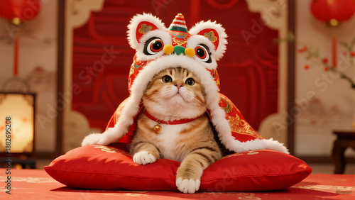 Cute cat wearing chinese lion dance costume head, funny new year pet