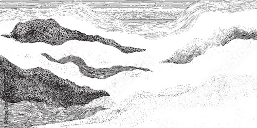 Black and white ink of abstract mountain peaks and swirling clouds