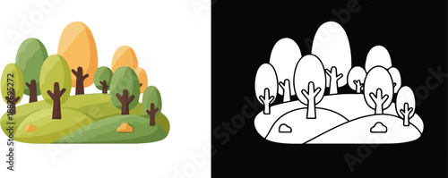 Illustration of a landscape with trees and hills in both color and black and white line art styles side by side.