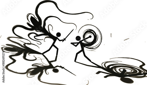 Dynamic black and white stick figure duel illustration depicts intense sword fighting action with swirling magical energy effects on parchment