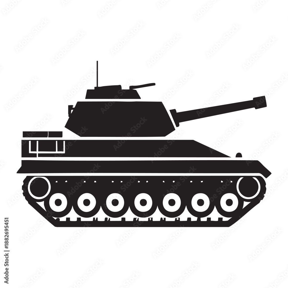 Fototapeta premium Black silhouette of a military tank with long gun