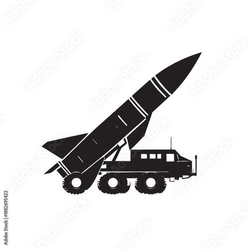 Black silhouette of a missile launcher on a truck with a large rocket