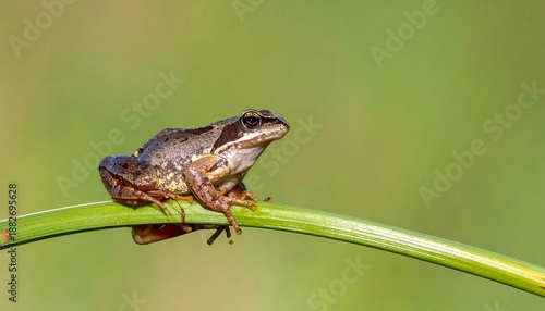 A small frog perched on a curved green stem against a blurred green background