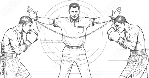 Intense sketch illustrating two boxers restrained by chains held by a referee figure against a blueprint background symbolizing constraints