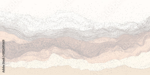 Textured abstract background with wavy layered formations and scattered dots resembling sand dunes or geological strata in soft peach and grey tones with a light airy feel