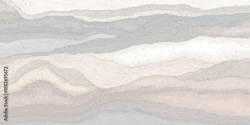 Abstract landscape with layered undulating forms resembling rolling hills or mountain ranges in muted earth tones and soft grey blue hues creating a serene visual