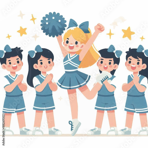 Excited Children Cheerleading Team in Blue Uniforms with Pom-poms
