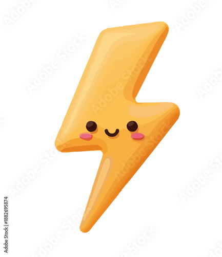 A cartoonish yellow lightning bolt with a smiling face, rosy cheeks, and a glossy appearance against a plain white background.