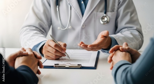 Healthcare Physician Consulting and Explaining Treatment Paperwork to Patients, Symbolizing Informed Medical Decisions and Professional Trust.