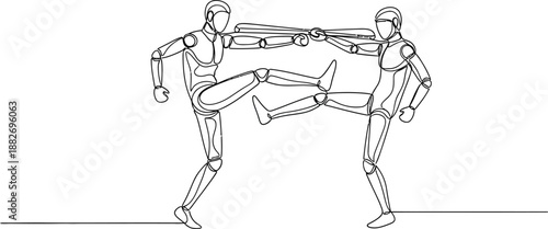 Minimalist single line drawing depicting two articulated mannequin figures engaged in a dynamic martial arts sparring match with weapon blocking techniques