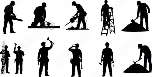 Construction Workers and Tradesman Silhouettes Set with Professional Tools Including Chainsaw Hammer Ladder Jackhammer Shoveling and Industrial Maintenance Work Elements