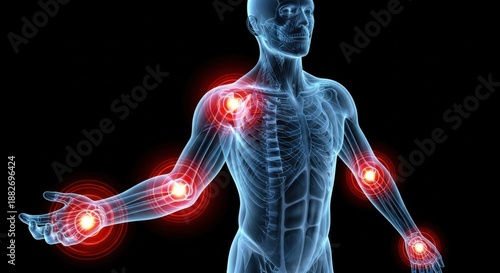 Wallpaper Mural 3D Human Anatomy Showing Joint Pain: Red Hotspots Indicating Arthritis, Injury, or Inflammation in Shoulder, Elbow, and Wrist for Medical Diagnosis. Torontodigital.ca
