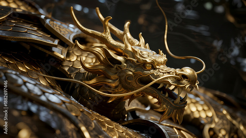 Macro golden metallic dragon scale texture, fantasy armor background