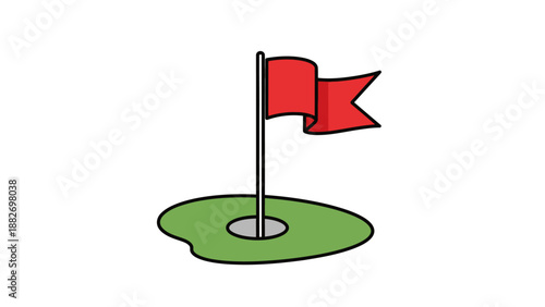 A simple cartoon illustration of a red flag on a golf course green with a hole.