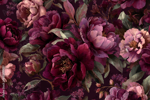 Burgundy Floral Seamless Pattern Romantic Botanical